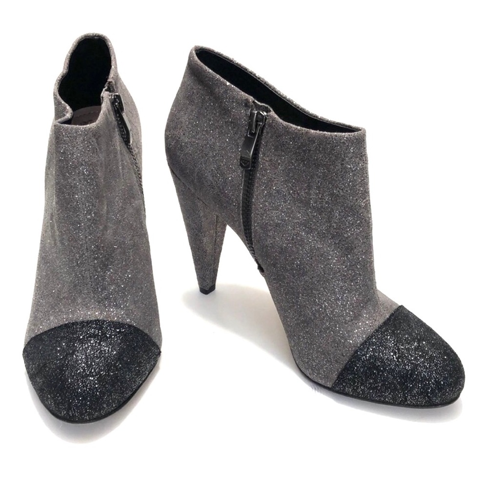 Vince Camuto Black Silver Sparkling Almond Toe Side Zip Heeled Boots size 8.5B